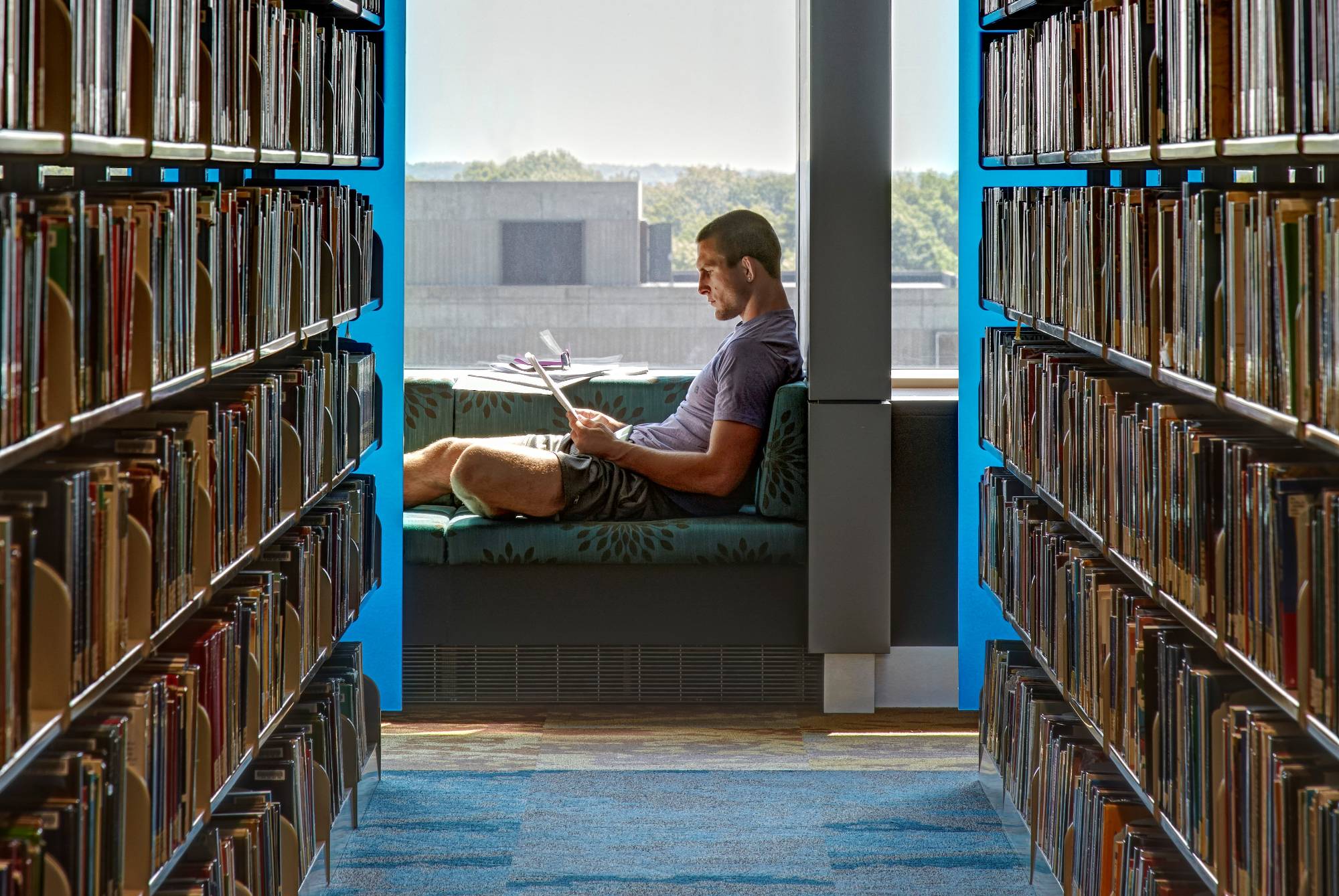 Student sitting near a window in the Library